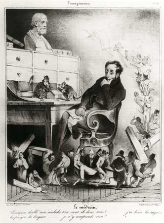 Caricature by Daumier:  The Imagination/ The Physician - "Why the devil! do all my patients leave me?...................in vain do I bleed them, purge them, drug them .......I can't make head or tail of it!"  Bibliothèque Nationale de France/ Engravings : B  51 754