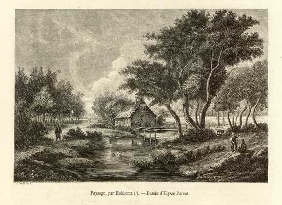 Landscape by Hobbema - Drawing by Ulysse Parent - The Picturesque Shop (1862) - Private Collection