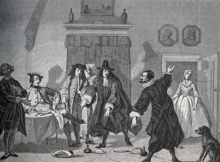 A scene from the holland Theatre in the eighteenth century -  The Mathematicians or the fleeing Demoiselle   Dispute among the Doctors, bouffon Comedy by the netherland poet P. Langendyk, gouache by Troost/ Drawing by Bocourt, in the keeping of the Museum of The Hague.  The Picturesque Shop (1862) - Private Collection